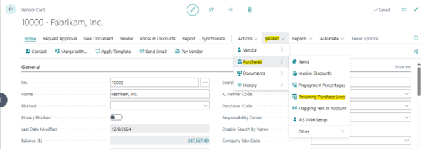 Screenshot of a vendor management software interface showing details for vendor 'Fabrikam, Inc.' A dropdown menu under 'Related' is expanded, highlighting the 'Recurring Purchase Lines' option, indicating navigation for managing recurring purchase records.